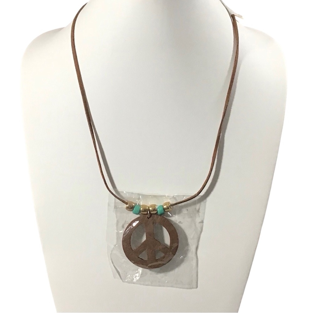 Peace Sign Necklace Beaded Brown Leather Tie Teal Gold Tone Beads Not Used